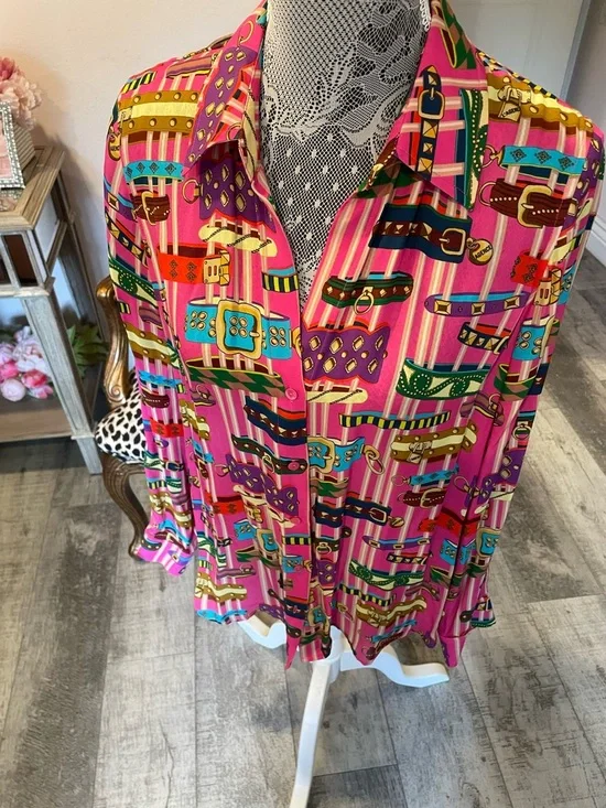L'AGENCE Hot Pink Silk Belt-Print Blouse - Picture 4 of 7